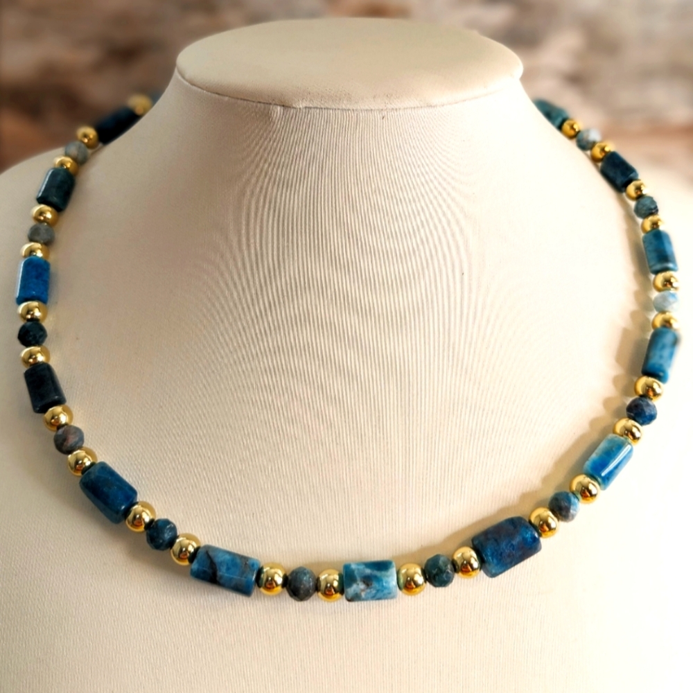 Genuine Blue Apatite Stones & Gold Beads In Round Choker Necklace